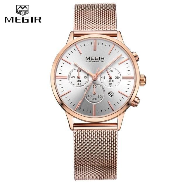 Stevvex gold women's luxury quartz sport watch with round face, waterproof design, and stylish wrist strap.