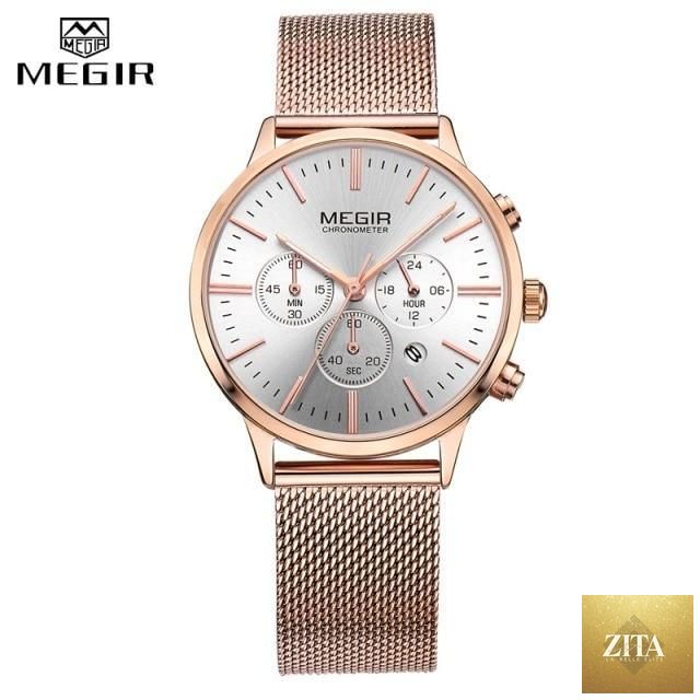 Gold women's luxury quartz sport watch with waterproof round dial, stylish gold finish, suitable for elegant and active wear.