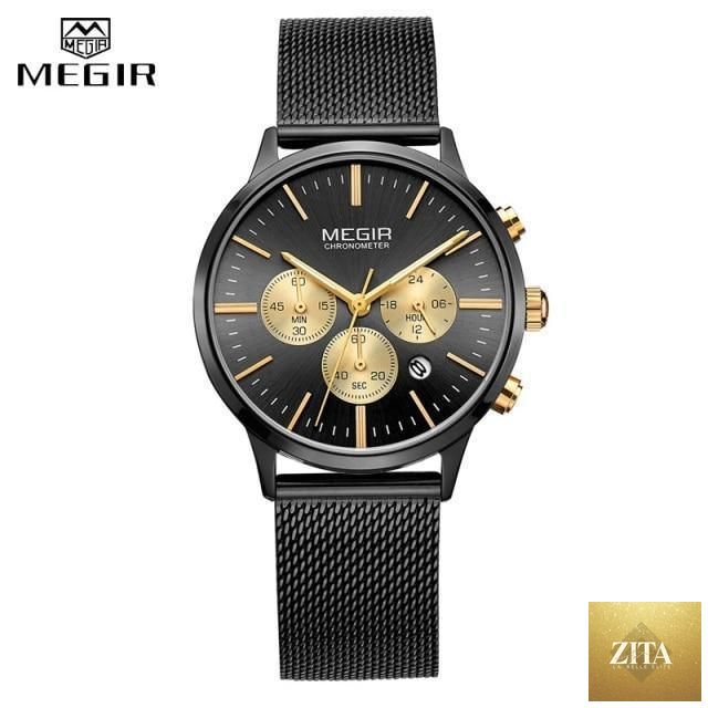 Gold luxury women's quartz wristwatch with waterproof round face, stylish design, ideal for sporty and elegant occasions.