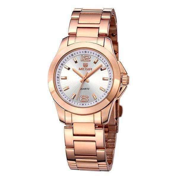 Stevvex luxury gold rose women's waterproof analog wristwatch with elegant modern design and stylish details.