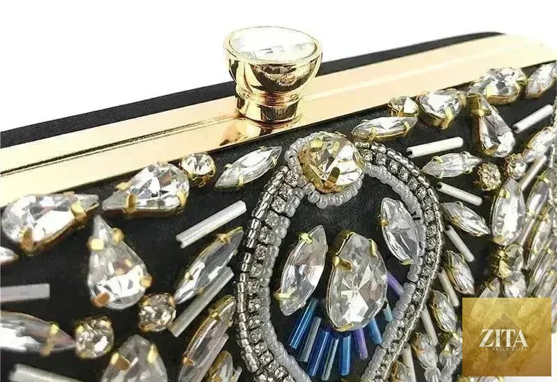 Femstylo diamond rhinestone clutch handbag with a luxurious evening minaudière design, featuring sparkling embellishments.