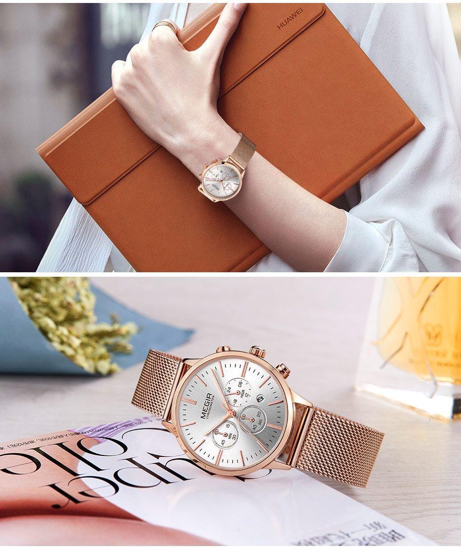Black luxury women's multifunctional quartz wrist watch with stainless steel strap, stylish business design by Stevvex.