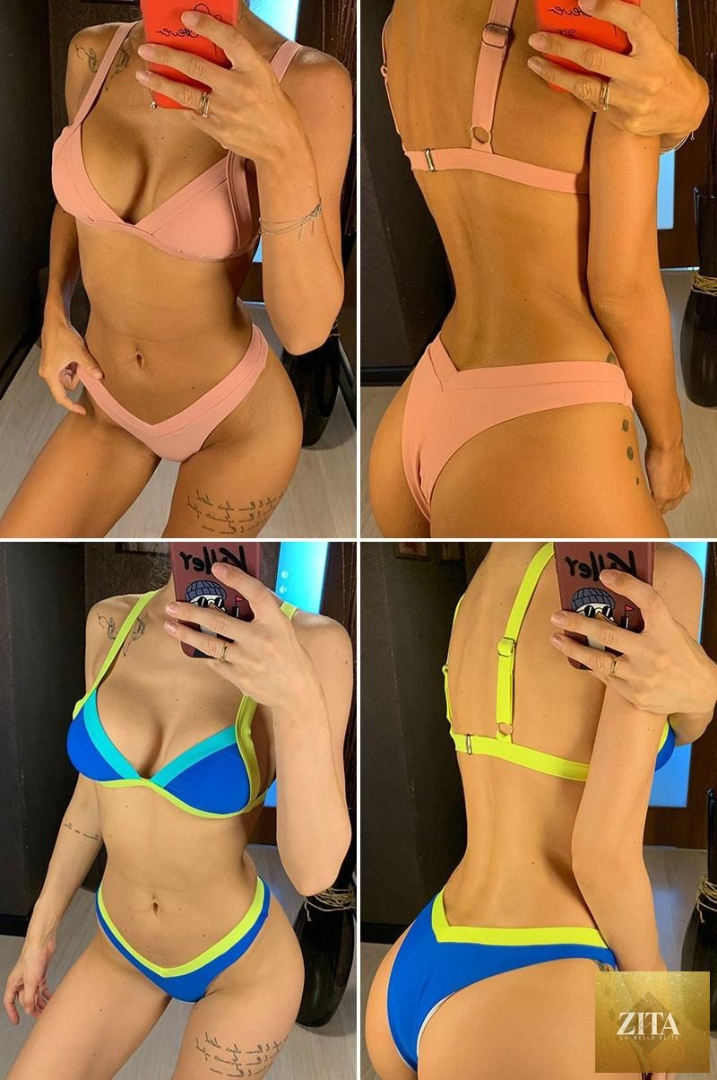 Stevvex solid push-up bikini set for women with high-leg design, halter top, patchwork style, perfect for summer beach swimming.