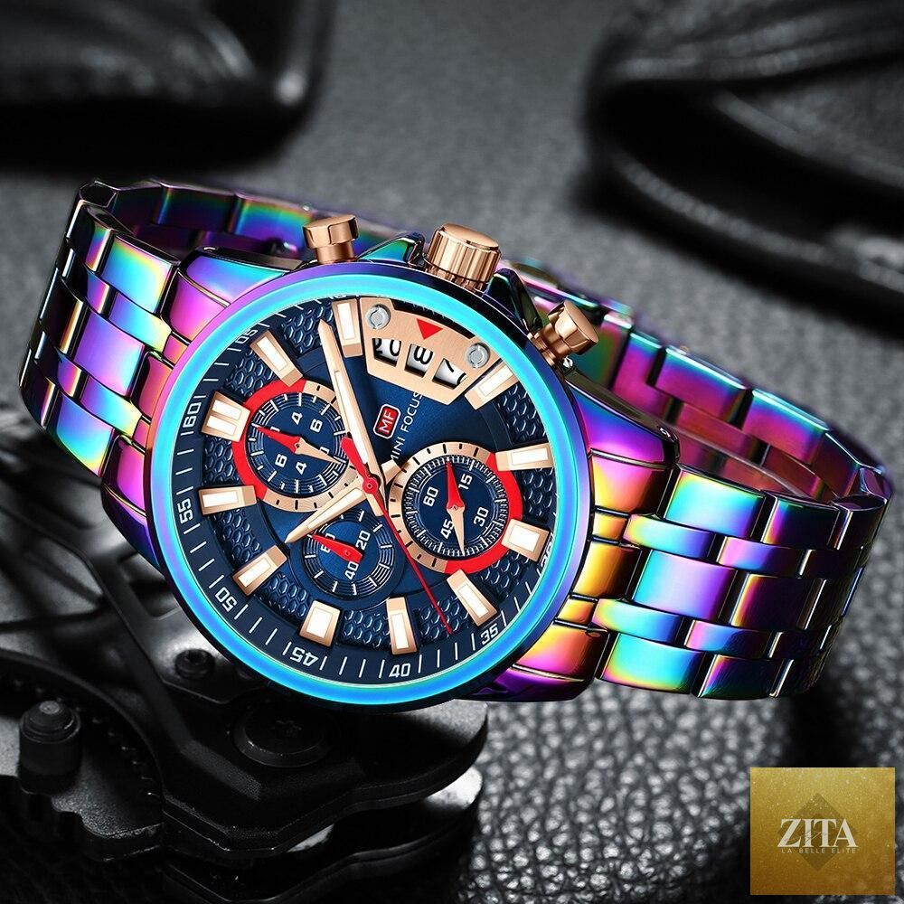 Stevvex men's quartz waterproof luxury wristwatch with colorful dial, elegant stainless steel band, and analog display.