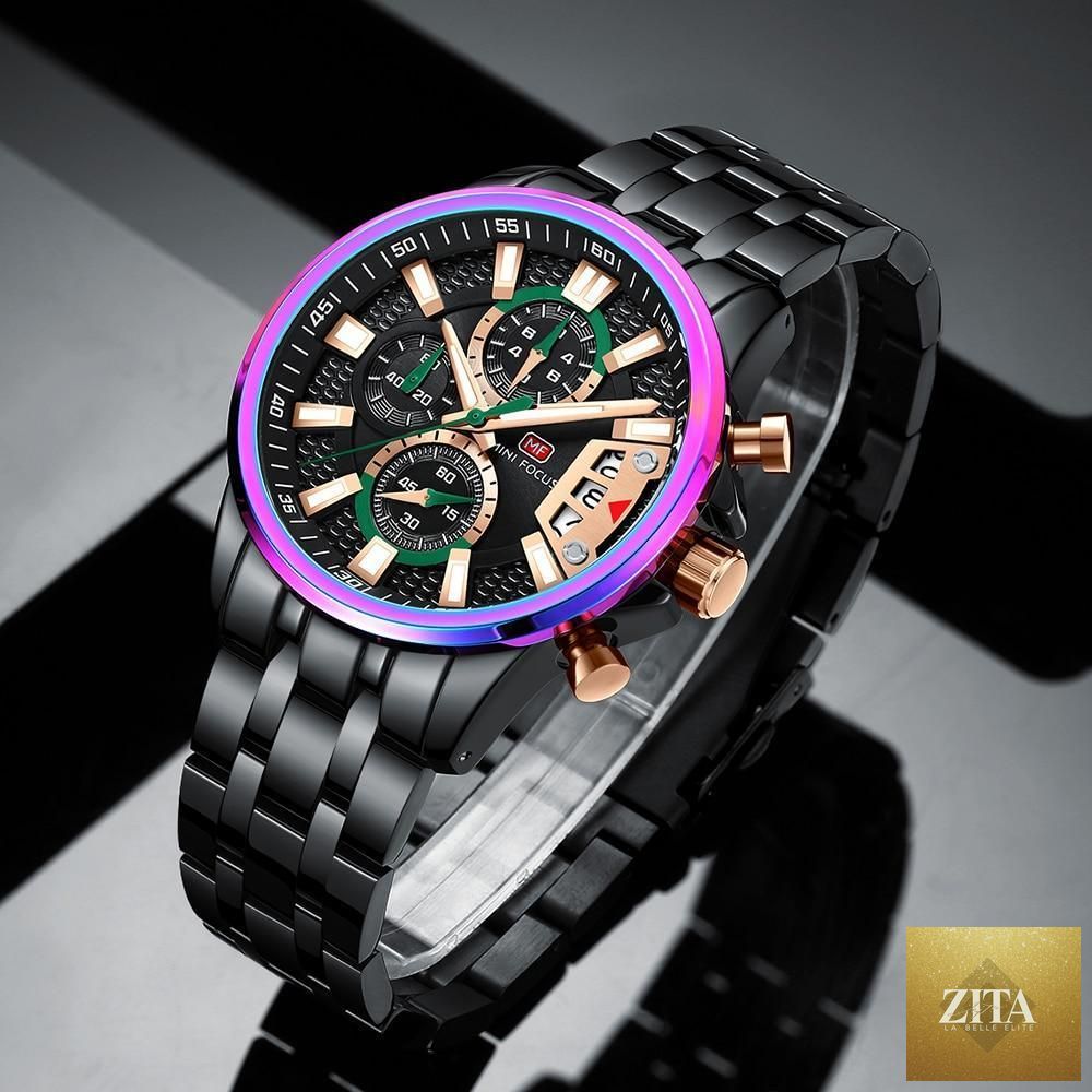 Stevvex men's quartz waterproof luxury wristwatch with colorful analog dial and stainless steel band.
