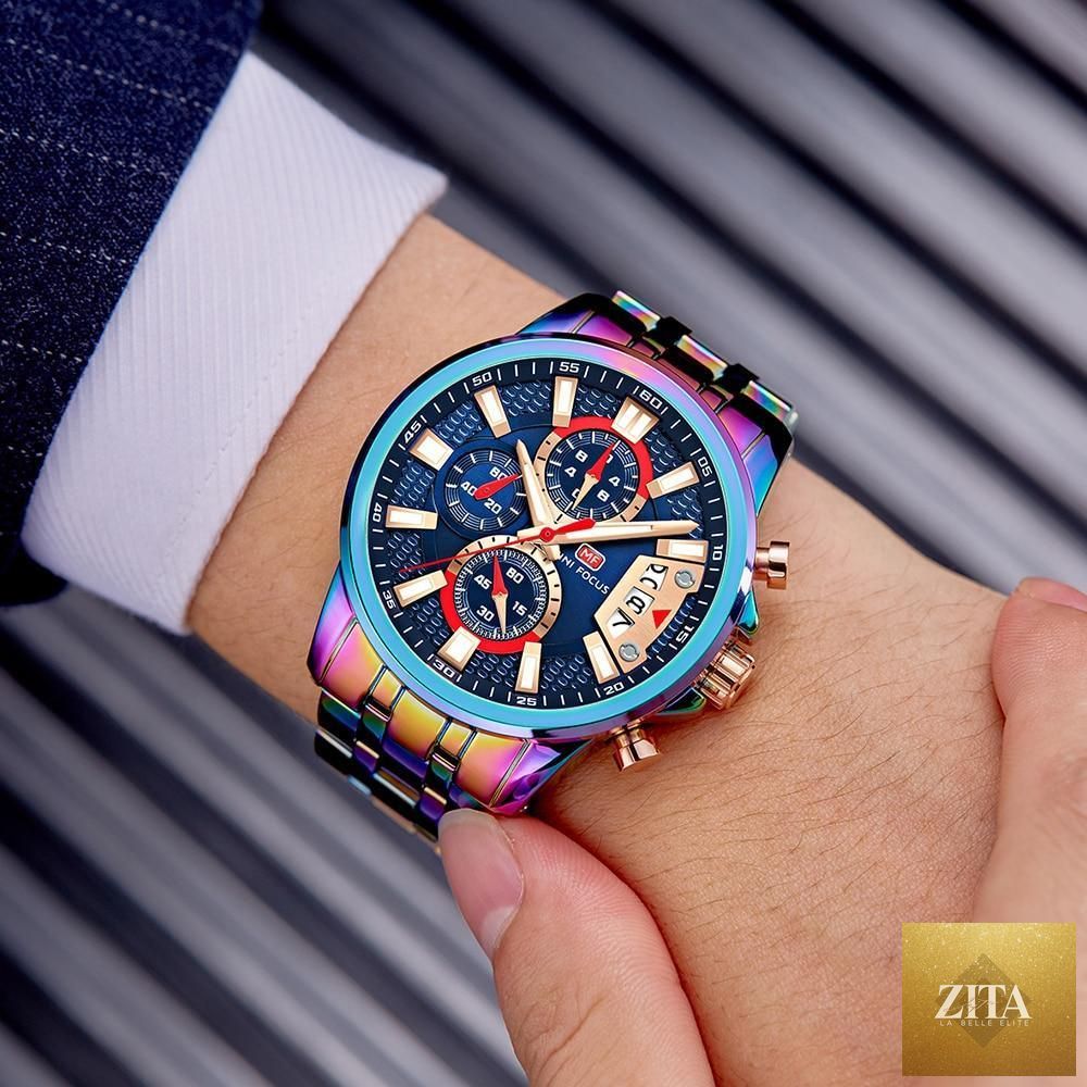 Stevvex men's quartz waterproof luxury wristwatch with colorful dial, stainless steel band, and elegant analog design.