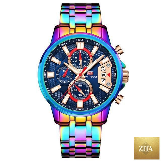 Stevvex men's quartz waterproof luxury wristwatch with colorful analog dial and stainless steel band, elegant and multifunctional design.