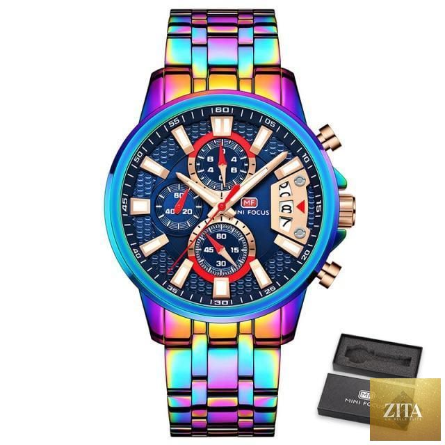 Stevvex men's quartz waterproof luxury wristwatch with colorful analog dial and stainless steel band.