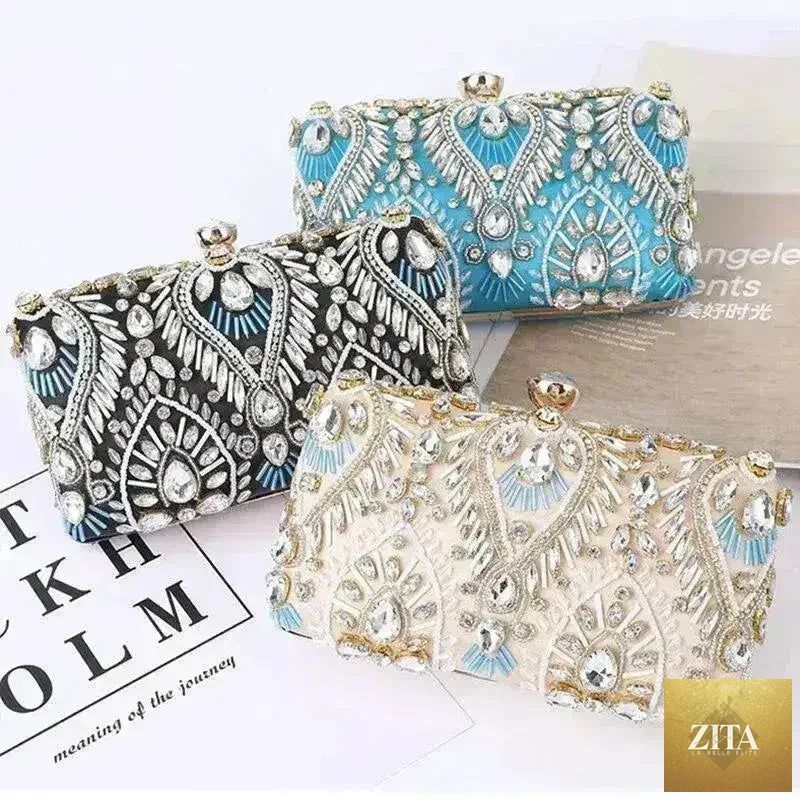 Femstylo diamond rhinestone clutch handbag, luxury evening minaudière with sparkling embellishments, perfect for formal occasions.