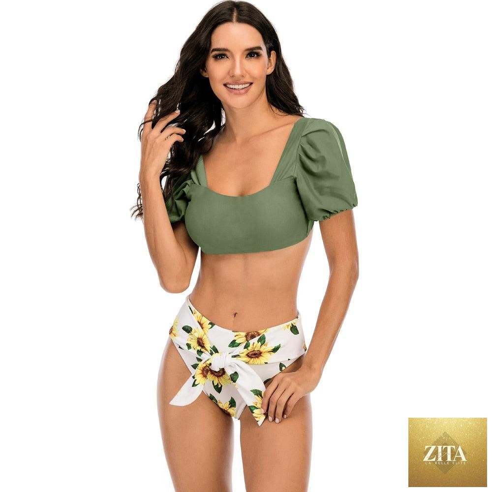 Stevvex high waist bikini set for women with puff sleeves, solid color, backless design, perfect for summer beachwear.
