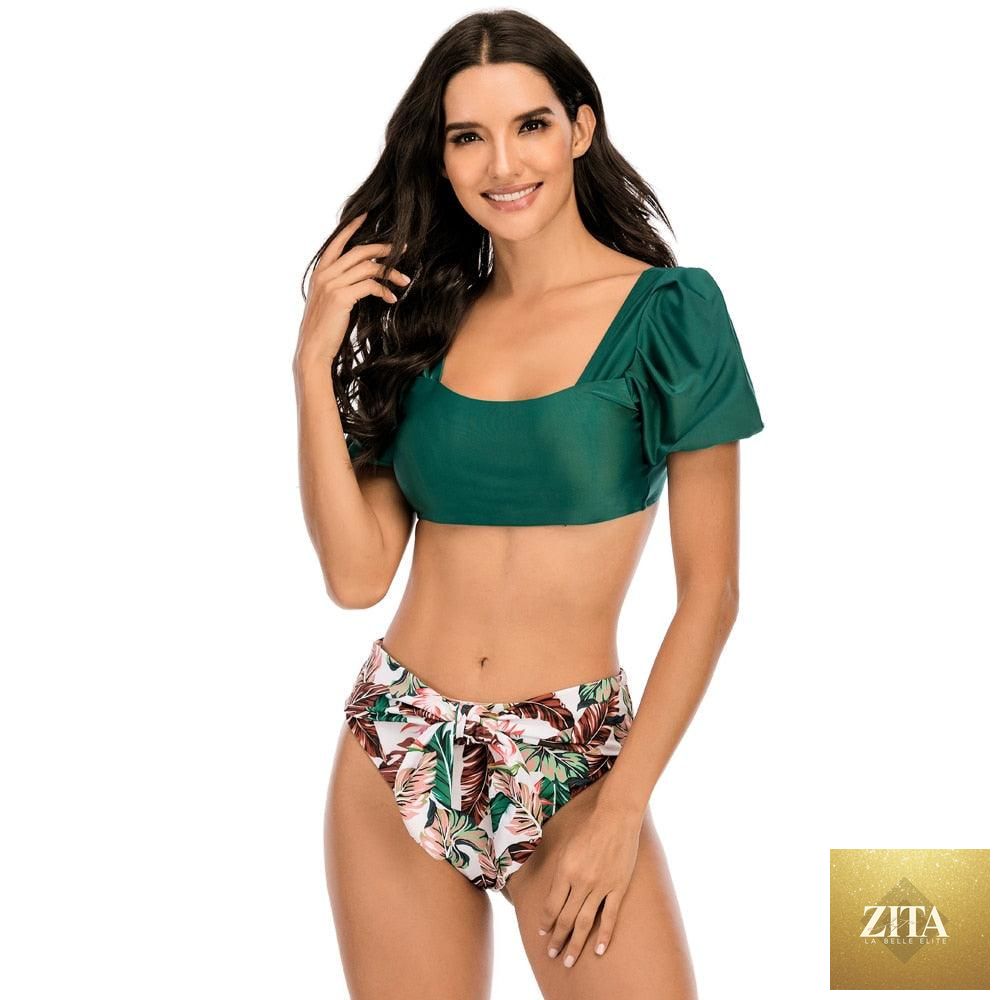Stevvex women's high waist bikini set with puff sleeves, solid color, backless design, perfect for summer beachwear and swimming.