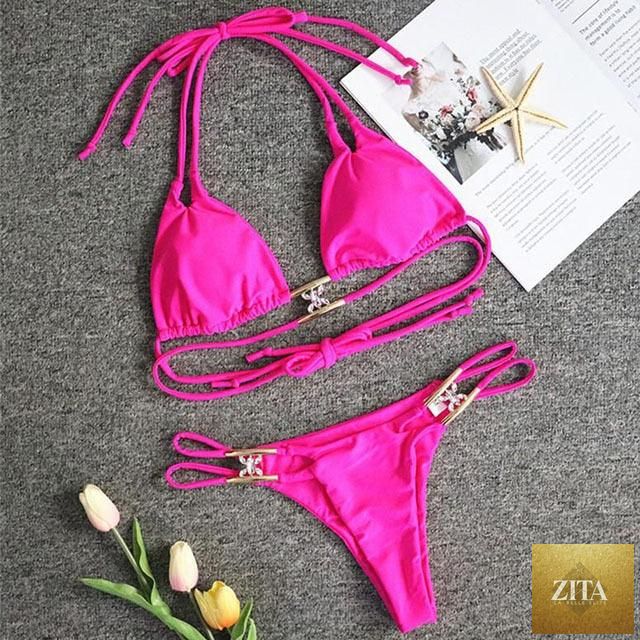 Luxury purple crystal diamond bikini set for women, halter style with low waist and rhinestone accents, by Stevvex.