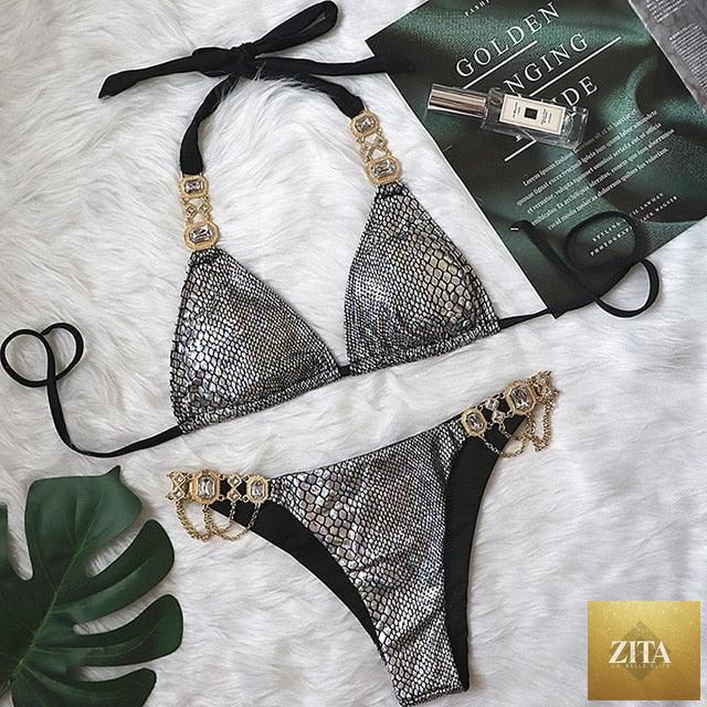Luxury purple crystal diamond bikini set for women, halter style with rhinestones, low waist, tie-side swimwear from Stevvex.