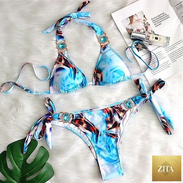 Luxury purple crystal diamond bikini set for women, halter style with rhinestones, low waist tie side swimwear by Stevvex.