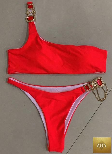 Stevvex luxury purple crystal diamond bikini set for women, halter style with rhinestones, low waist, tie side, two-piece swimwear.