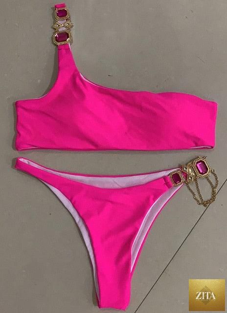 Luxury purple crystal diamond bikini for women, halter style with rhinestones, low waist tie-side swimwear by Stevvex.
