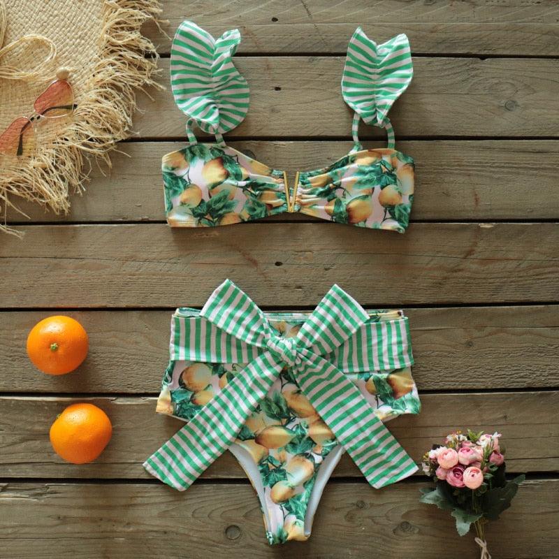 Stevvex two-piece women’s push-up padded bikini set with ruffles, bandage design, low-rise swimwear for beach and pool.