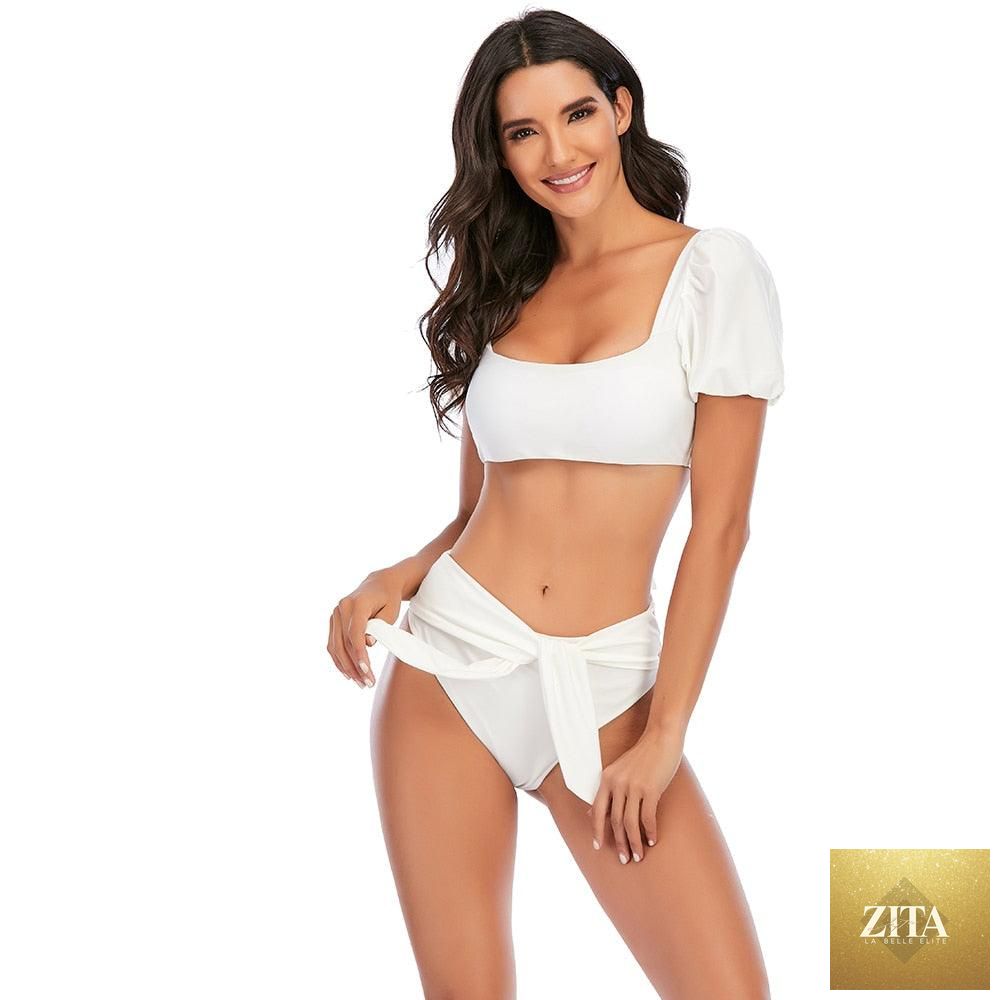 Stevvex women's high waist bikini set with puff sleeves, solid color, backless design, perfect for summer beachwear.
