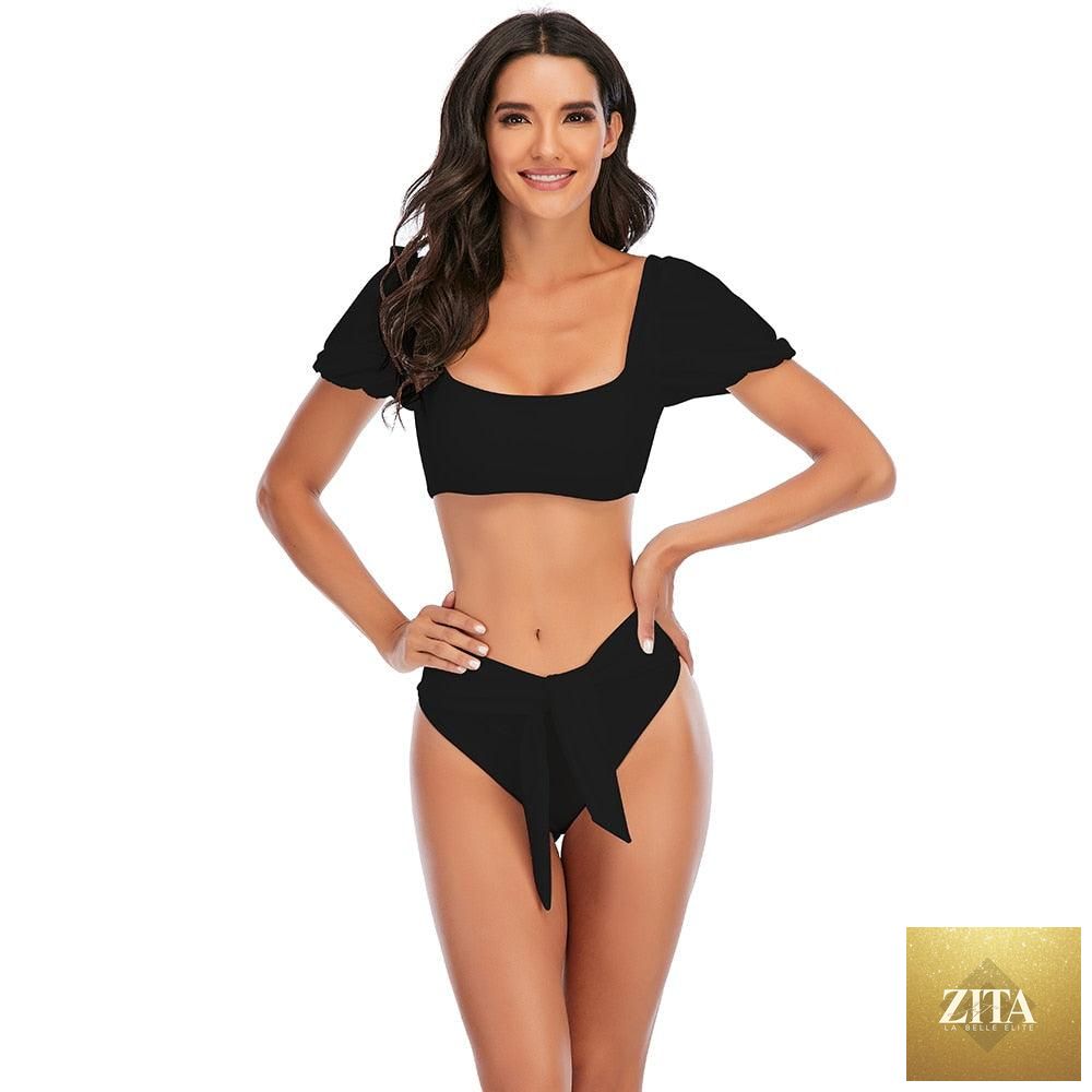 Stevvex women's high waist bikini set with puff sleeves, solid color, backless design, perfect for summer beachwear and swimming.