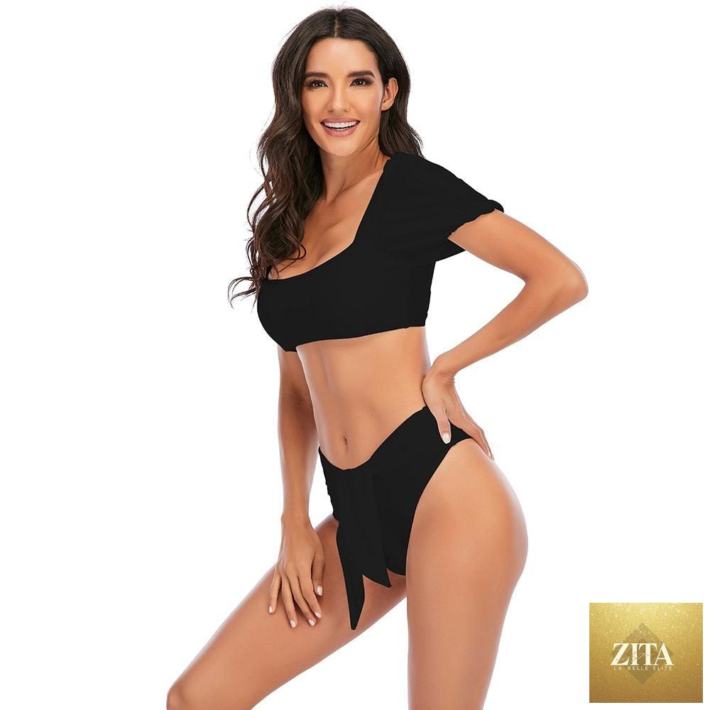 Stevvex women's high waist bikini set with puff sleeves, solid color, backless design, perfect for summer beachwear and swimming.