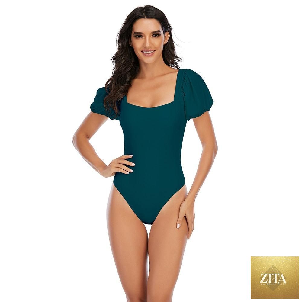 Stevvex women's high waist bikini set with puff sleeves, solid color, backless design, perfect for summer beachwear and swimming.