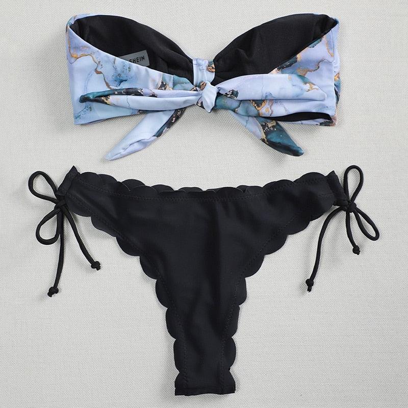 Summer Blue Bikini Women Swimwear Female Swimsuit Women’s Floral Print Lace-up Strapless Padded Comfortable Swimwear Bathing Suit Two-pieces Bikini Set Knotted Bathing Swim Suit