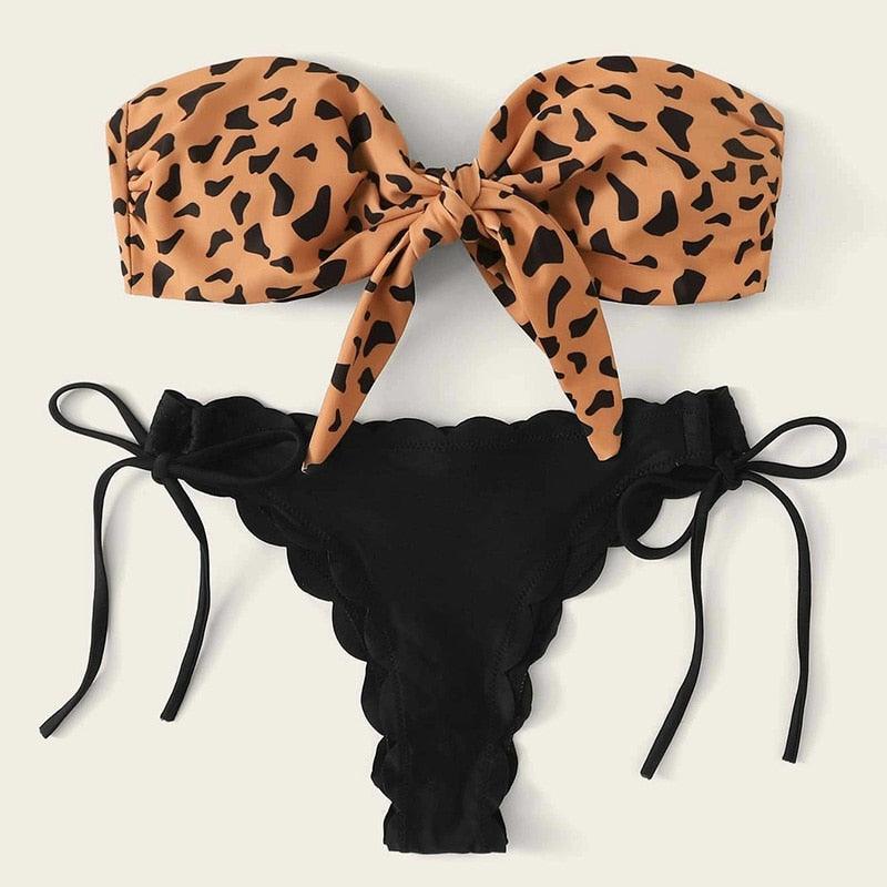 Summer Blue Bikini Women Swimwear Female Swimsuit Women’s Floral Print Lace-up Strapless Padded Comfortable Swimwear Bathing Suit Two-pieces Bikini Set Knotted Bathing Swim Suit