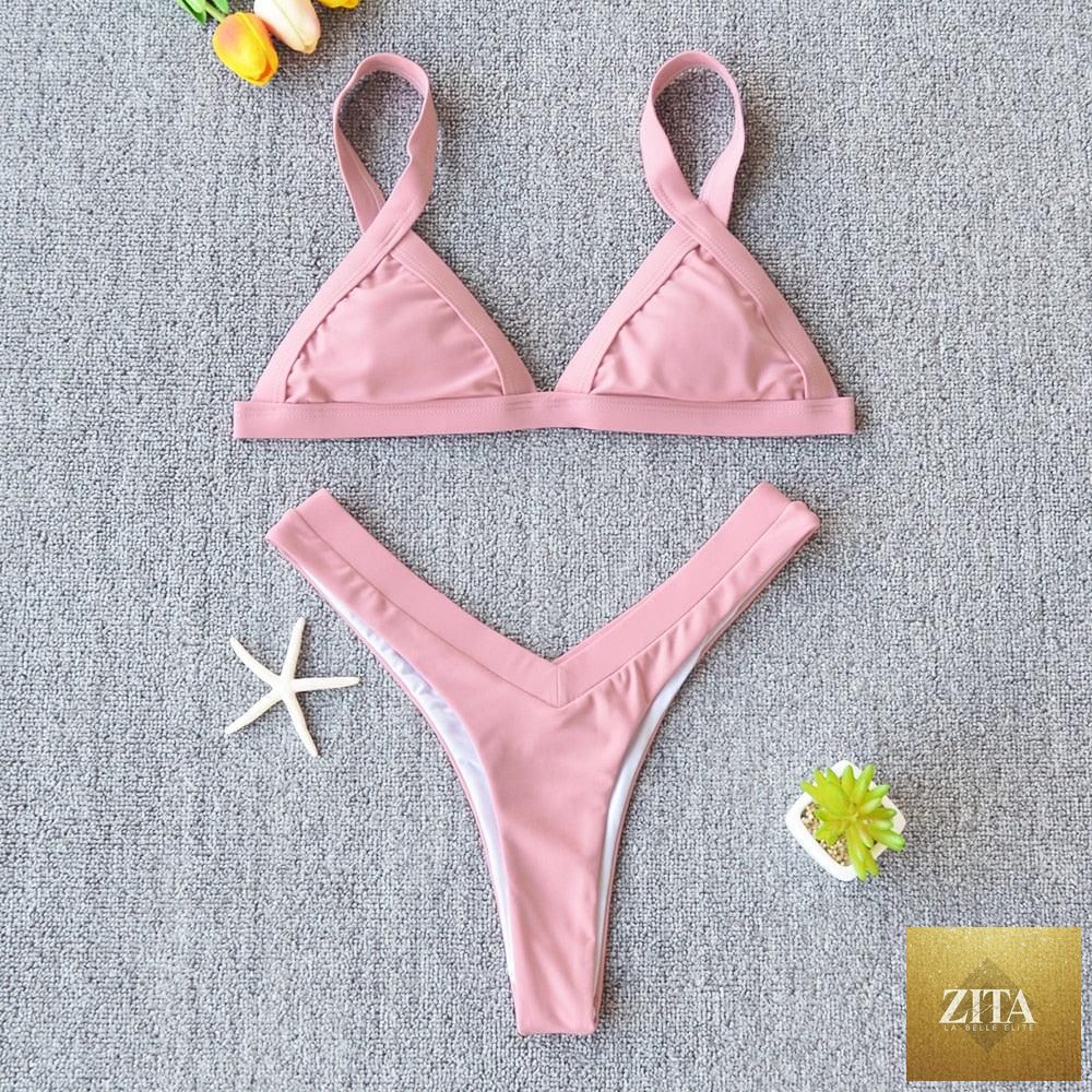 Stevvex solid push-up bikini set for women with high-leg cut, halter style, patchwork design, ideal for summer beach and swimming.