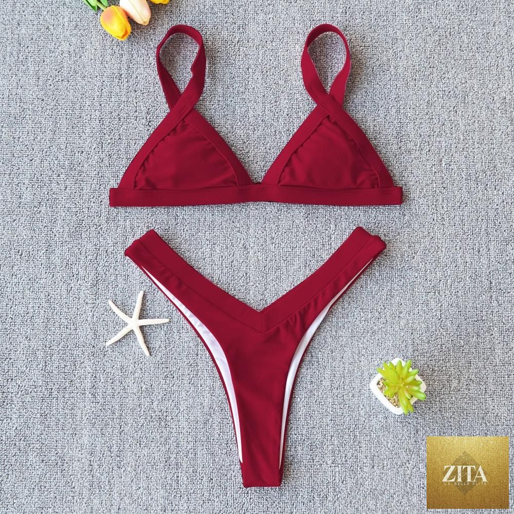 Stevvex solid bikini swimsuit for women with high-leg design, push-up support, halter style, patchwork pattern, suitable for summer beachwear.