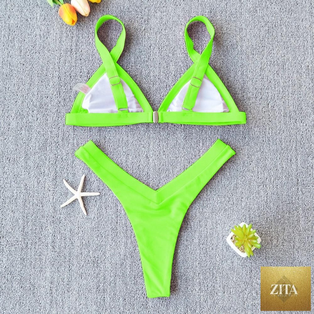Stevvex solid bikini swimsuit for women featuring a push-up patchwork design, halter style, high leg cut, perfect for beach and swimming.
