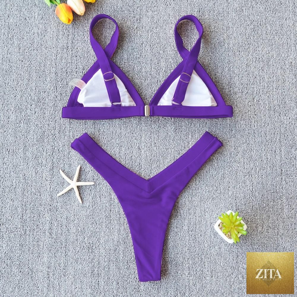 Stevvex solid bikini swimsuit for women with push-up design, patchwork pattern, high-leg cut, halter style, ideal for beach and swimming.
