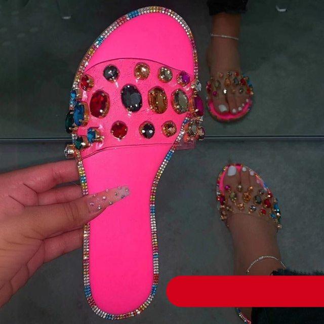 Stevvex women's slide sandals with open toe, clear rhinestones, flat sole, casual slip-on design, perfect for parties and everyday wear.