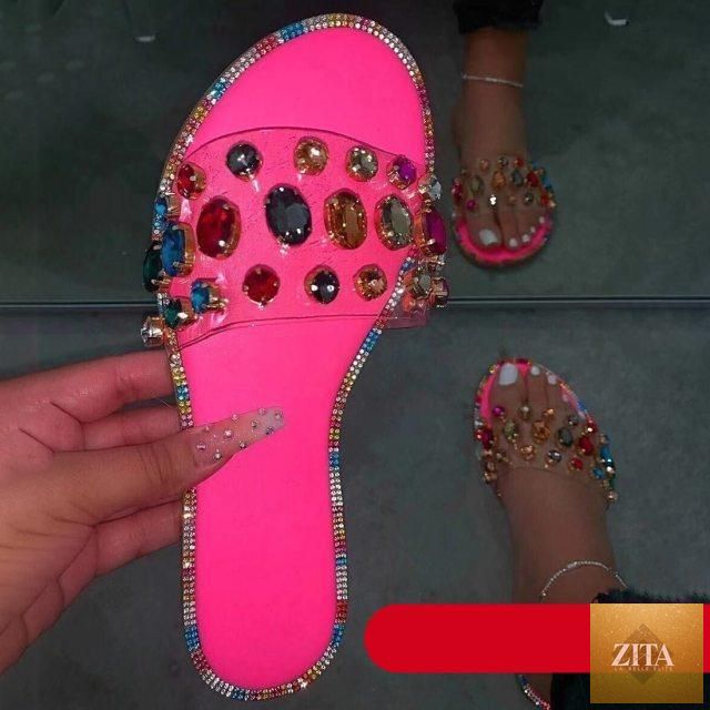 Stevvex women's flip flops with open toe design, clear rhinestone accents, flat casual slide sandals for summer and parties.