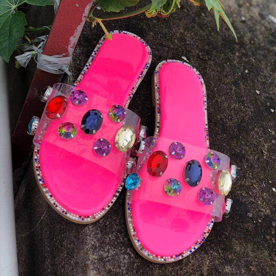 Women's Stevvex slide flip flops with rhinestones, open toe flat sandals, clear rhinestone accents, casual slip-on party shoes
