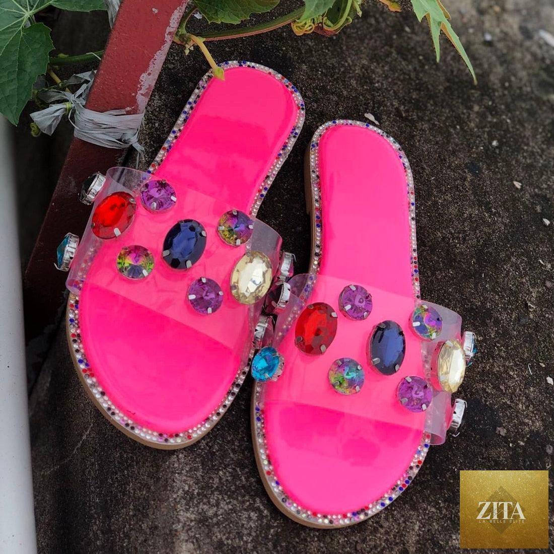 Stevvex women's flip flops with clear rhinestones, open toe flat sandals, casual slip-on slippers with diamond accents.