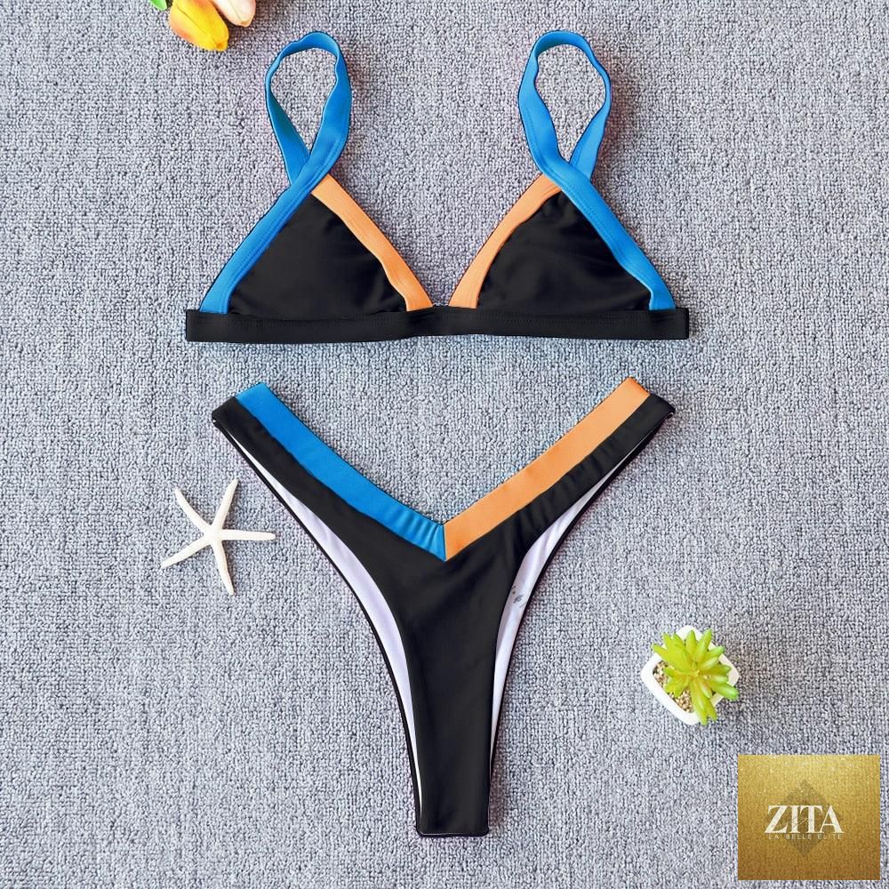 Stevvex solid bikini swimsuit for women, push-up halter swimwear with high-leg cut, patchwork design, ideal for beach and swimming.