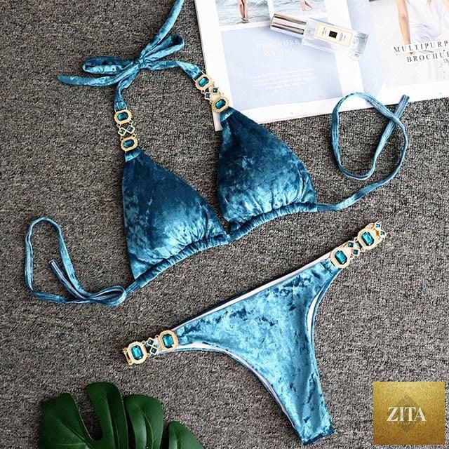 Luxury purple crystal diamond bikini for women, halter style with rhinestones, low waist, tie side, two-piece swimwear by Stevvex