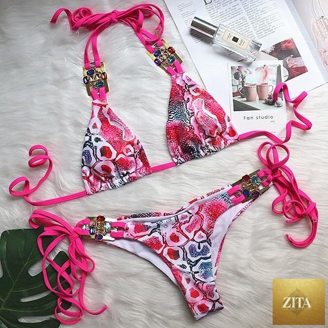 Stevvex luxury purple crystal diamond bikini set with halter top, low waist, tie side bottoms, perfect for women’s swimwear.