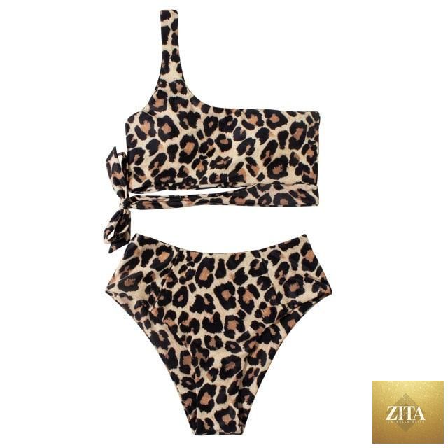 Women Leopard Print Swimsuit by Stevvex, one-shoulder bikini with high waist bottoms, push-up top, perfect for summer beachwear.
