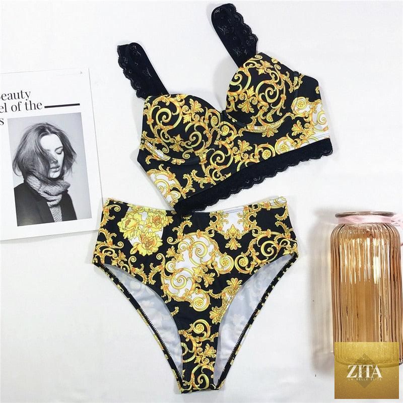 Stevvex vintage black print women's bikini set with halter neckline, high waist bottoms, lace straps, padded bra, stylish beachwear