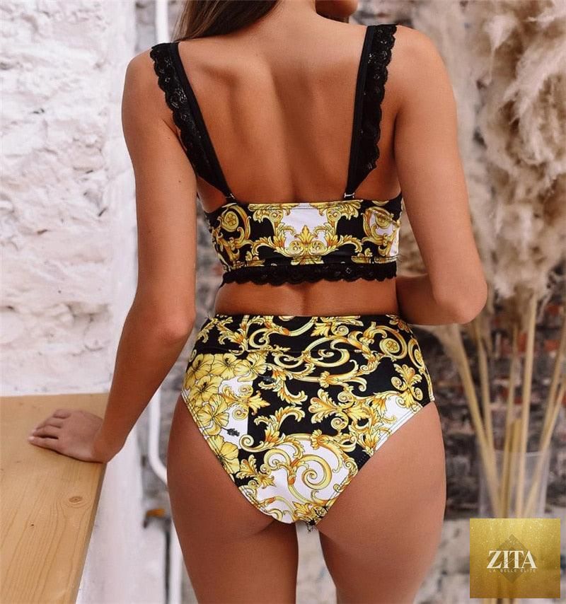 Stevvex vintage black print women's bikini set with high waist bottoms, halter top, lace straps, padded bra, perfect for beachwear.