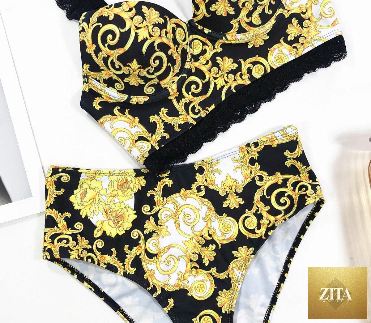 Vintage black print women's bikini set with high waist bottoms, halter top, lace straps, padded bra, and stylish beachwear design.
