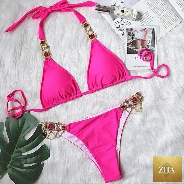 Luxury purple crystal diamond bikini set for women, halter style with rhinestones, low waist, tie side, two-piece swimwear by Stevvex.