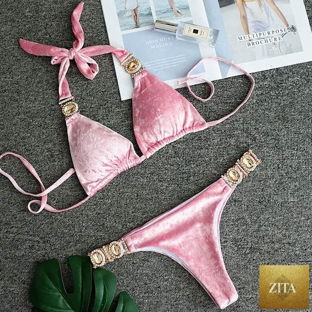 Luxury purple halter crystal diamond bikini set for women, featuring rhinestone embellishments, low waist, and tie side design from Stevvex.