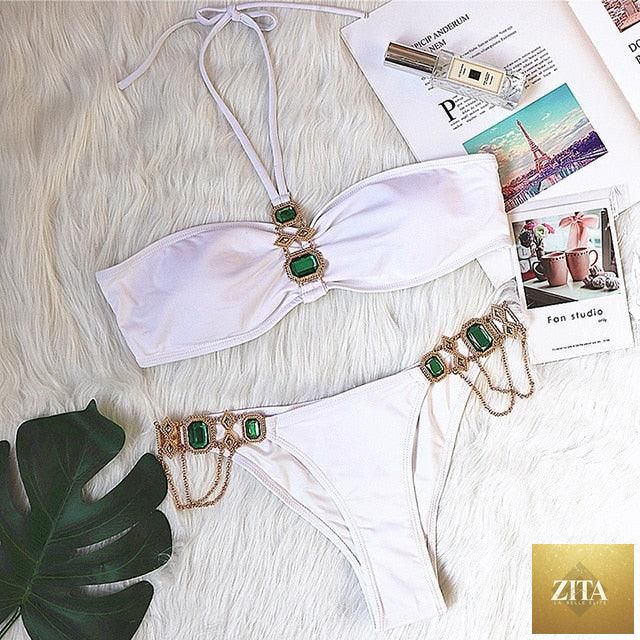 Luxury purple crystal diamond bikini for women, halter style with rhinestones, low waist tie sides, two-piece swimwear by Stevvex.