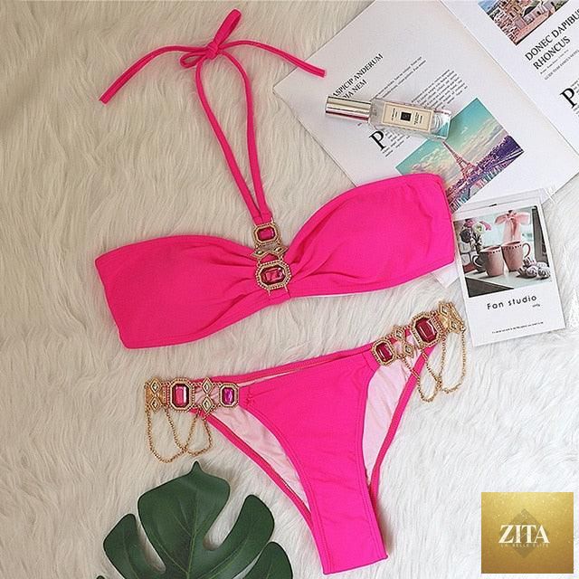 Luxury purple crystal diamond bikini set for women, halter style with rhinestones, low waist, tie side, two-piece swimwear by Stevvex.