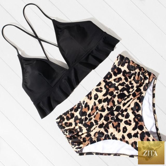 Women leopard print swimsuit by Stevvex featuring a one-shoulder bikini top and high-waist bottoms for summer beachwear.