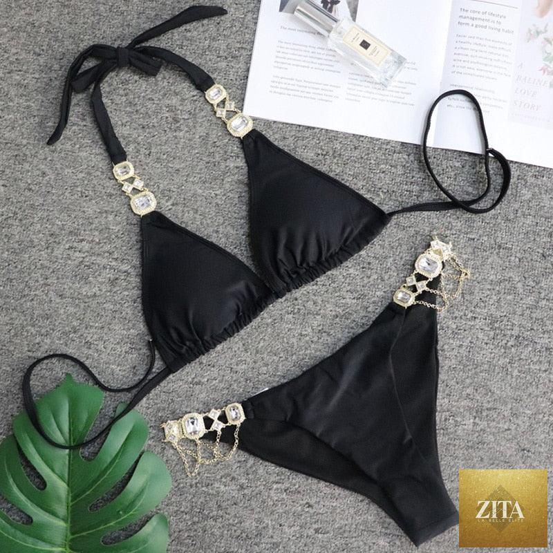 Stevvex luxury purple crystal diamond bikini set for women, halter style with rhinestones, low waist, tie side swimwear, two-piece bathing suit.