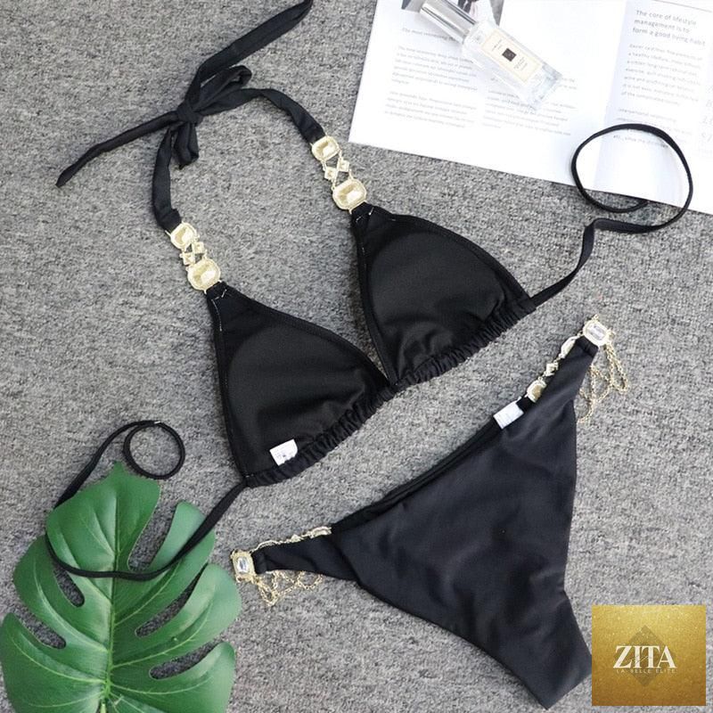 Stevvex luxury purple crystal diamond bikini set with halter top and low waist tie side bottoms for women, stylish swimwear with rhinestones.