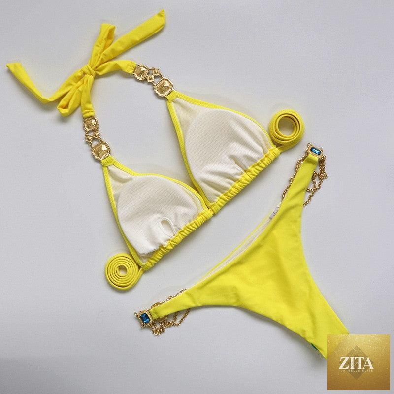 Luxury purple crystal diamond bikini set with halter top and low waist tie sides, women's swimwear by Stevvex.